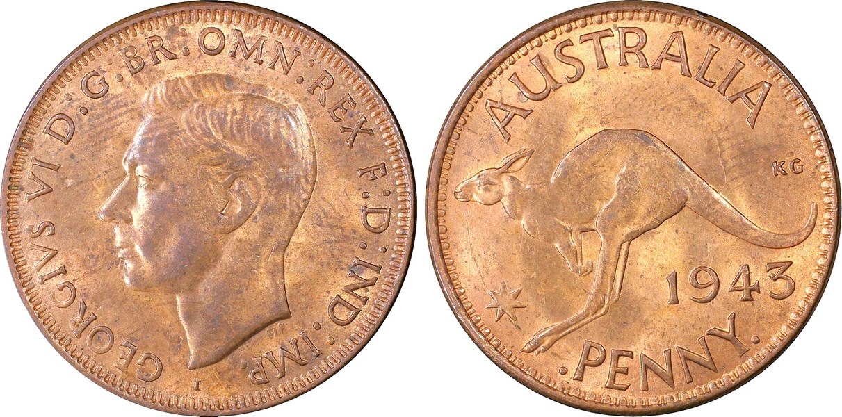 1943 i Australian Penny, PCGS MS63RB 'Uncirculated'